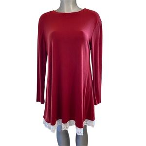 Red Tunic DRESS Long Sleeve Lace Hem Casual Lagenlook Loose Fit Cottagecore Boho